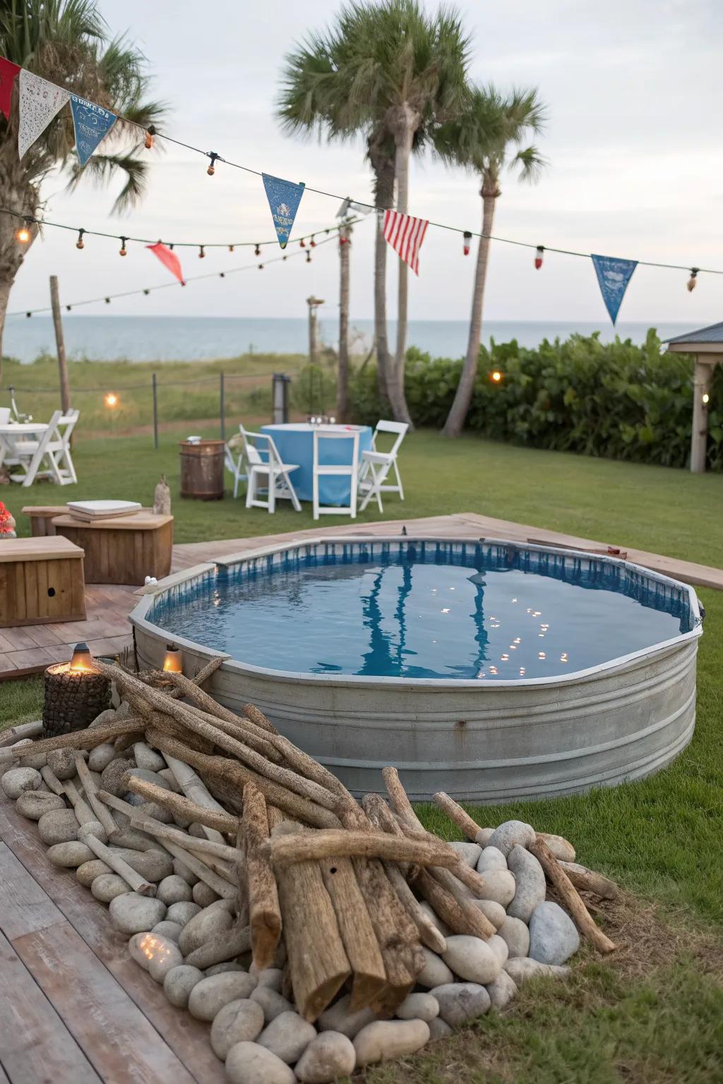 A charming coastal-themed galvanized pool area.
