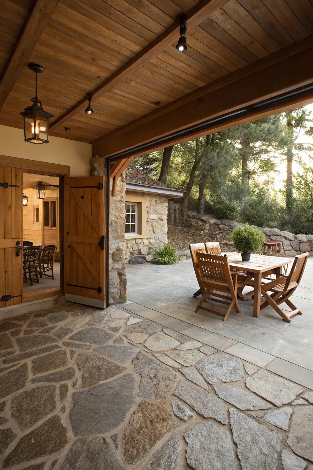 A natural-themed garage patio with stone and wood elements.
