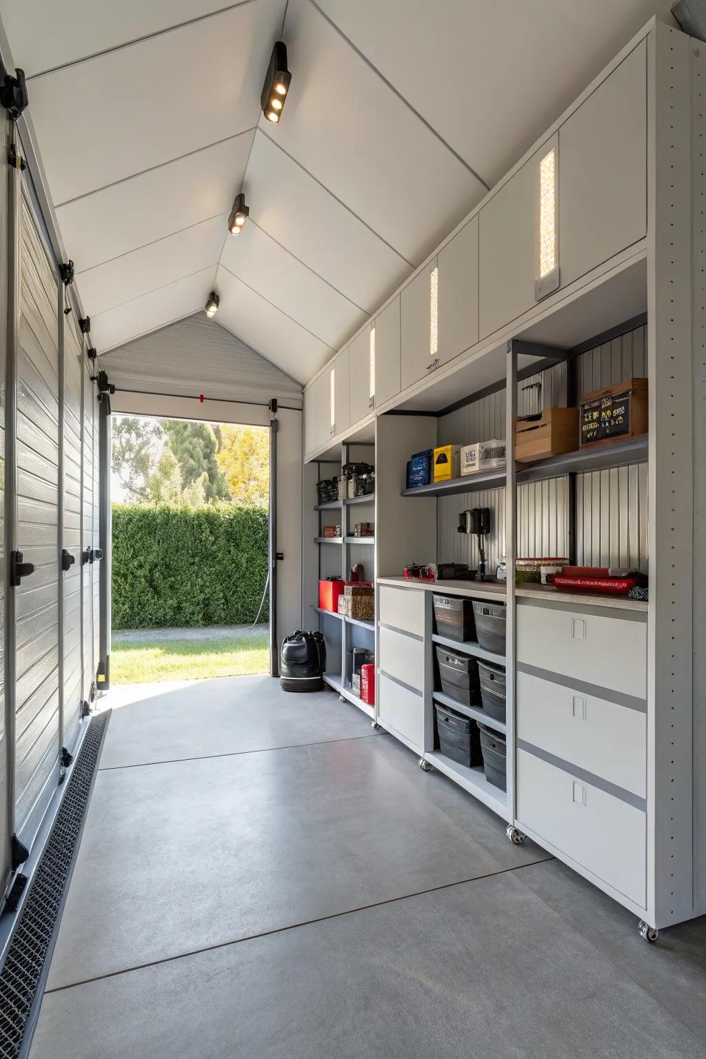 A minimalist storage solution in a garage shed.