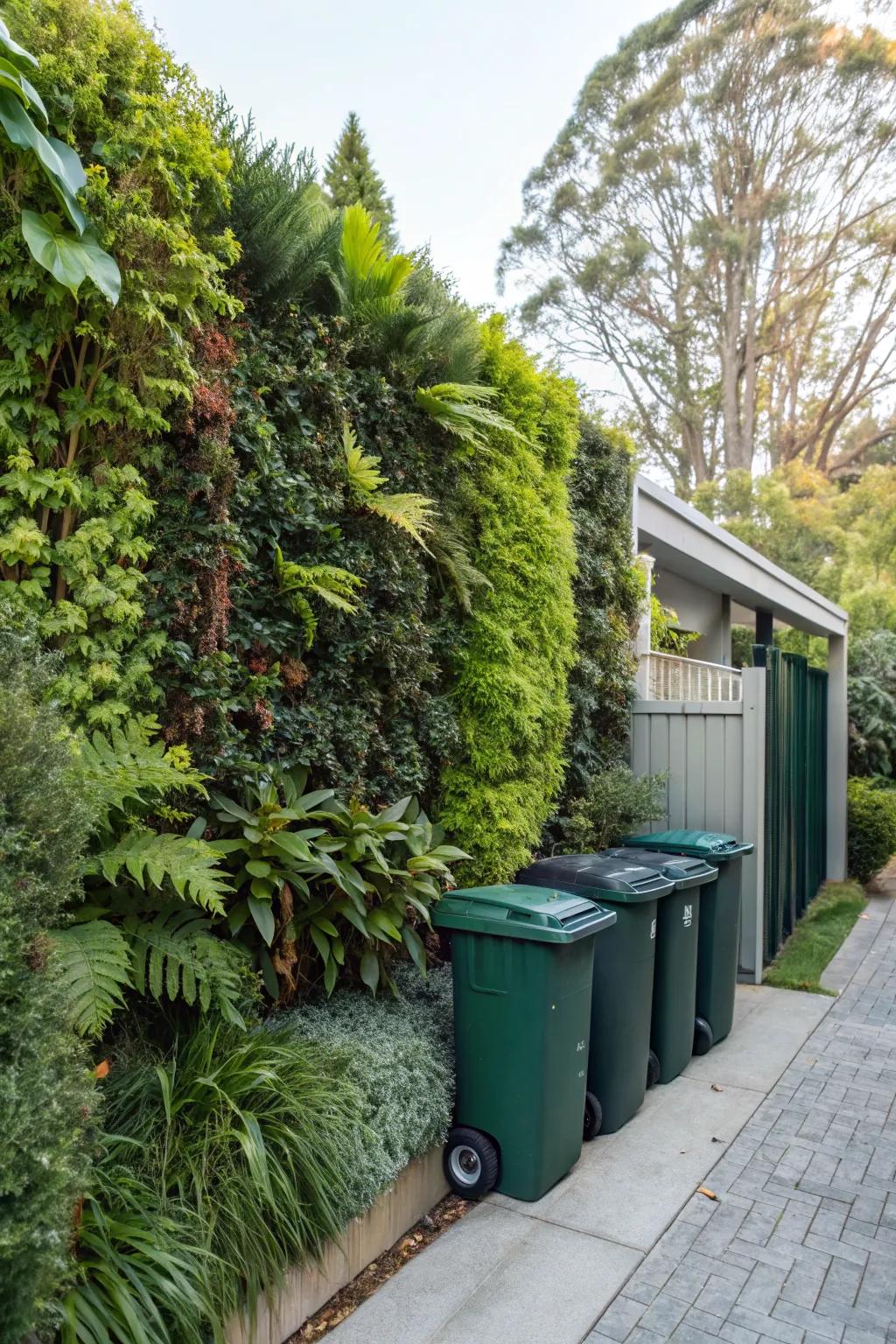 A living wall of greenery offers a natural and eco-friendly way to hide trash bins.