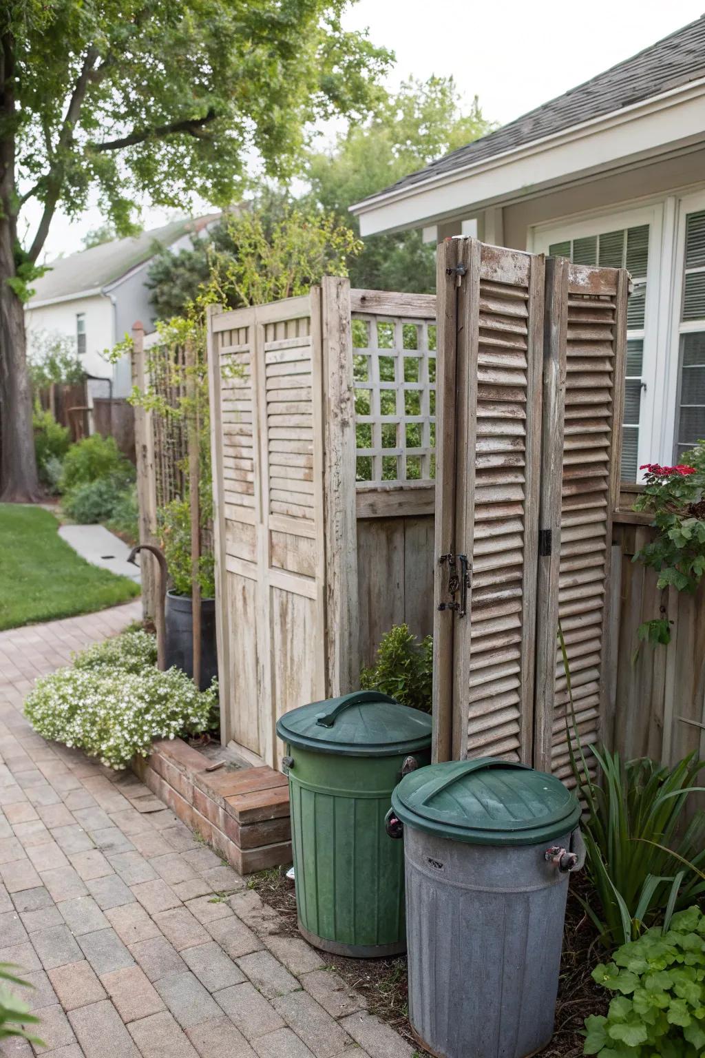 Reclaimed shutter screens offering a vintage vibe to garbage can concealment.