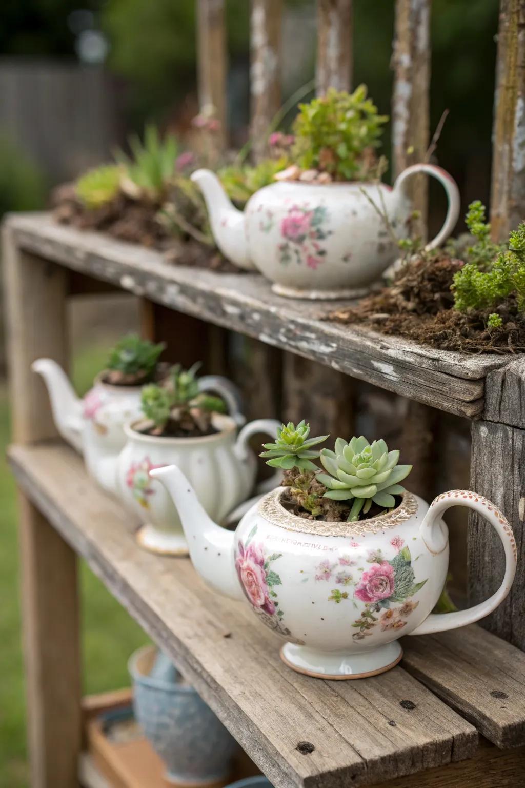 Repurpose teapots as charming garden planters.