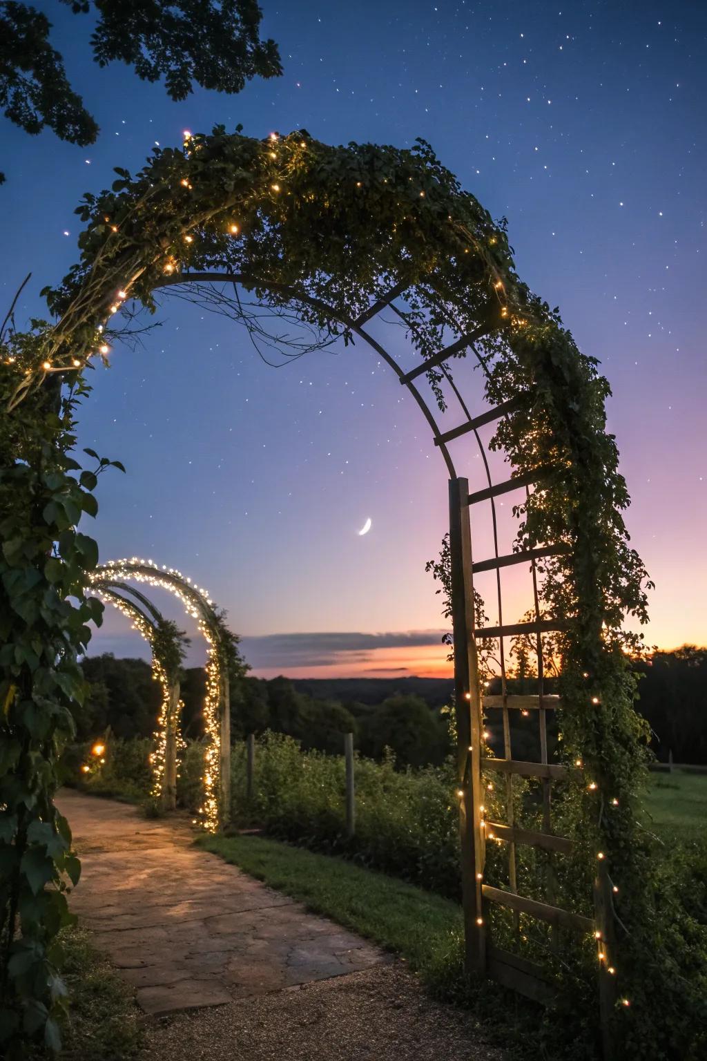A garden arch aglow with enchanting fairy lights.