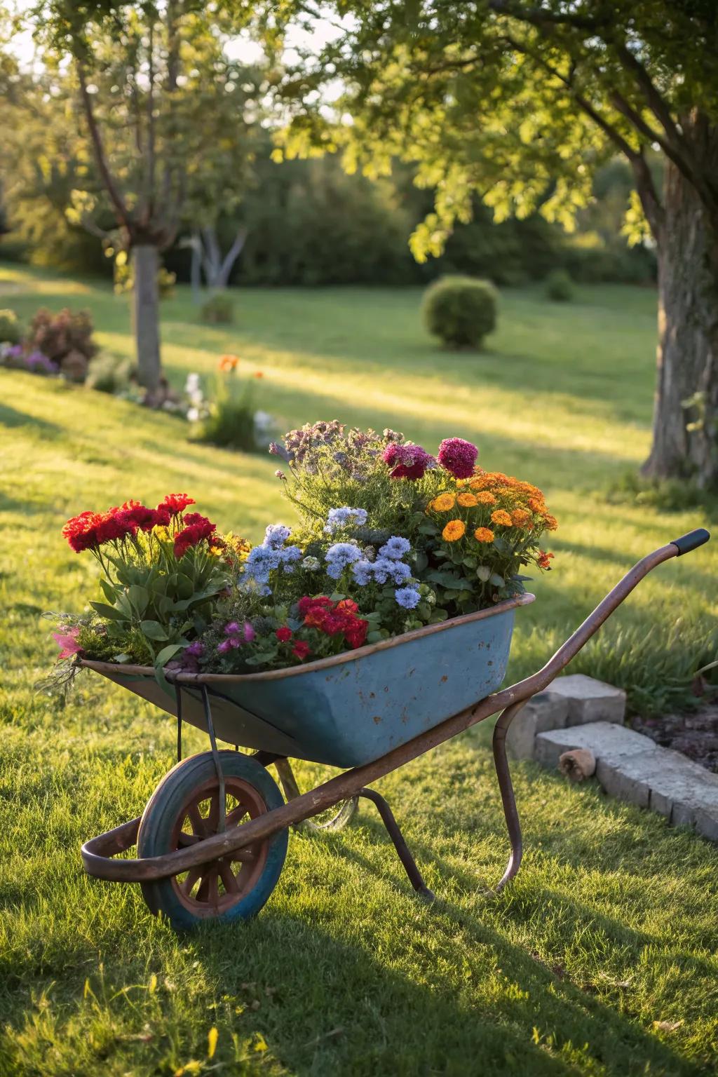 Turn wheelbarrows into mobile flower displays.