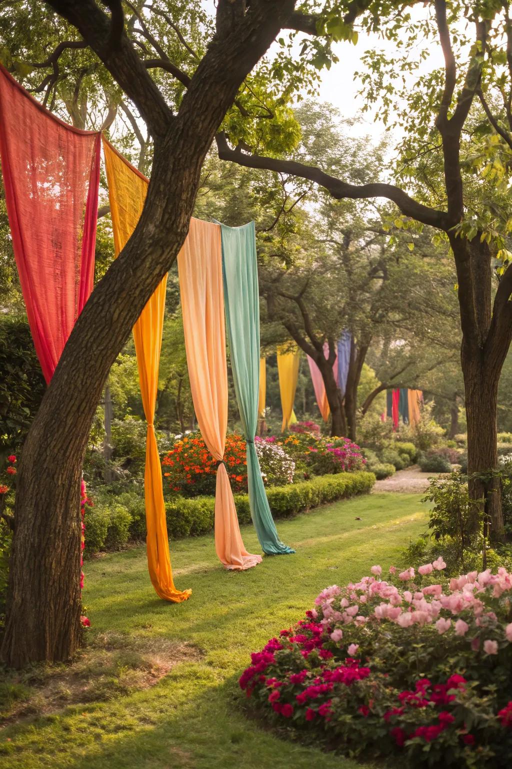 Fabric drapes introduce color and texture into garden settings.