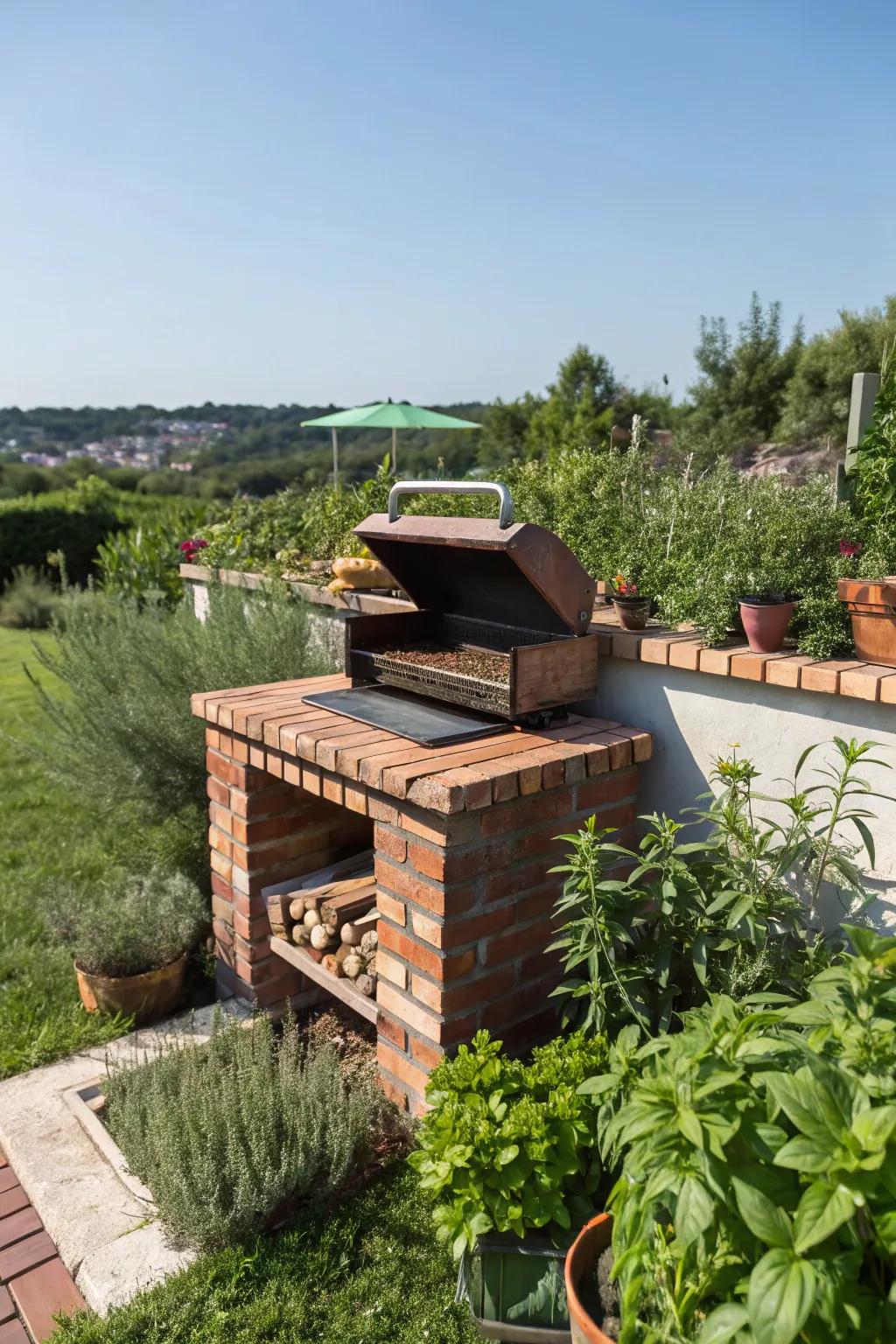 A brick barbecue stands out as a garden centerpiece.