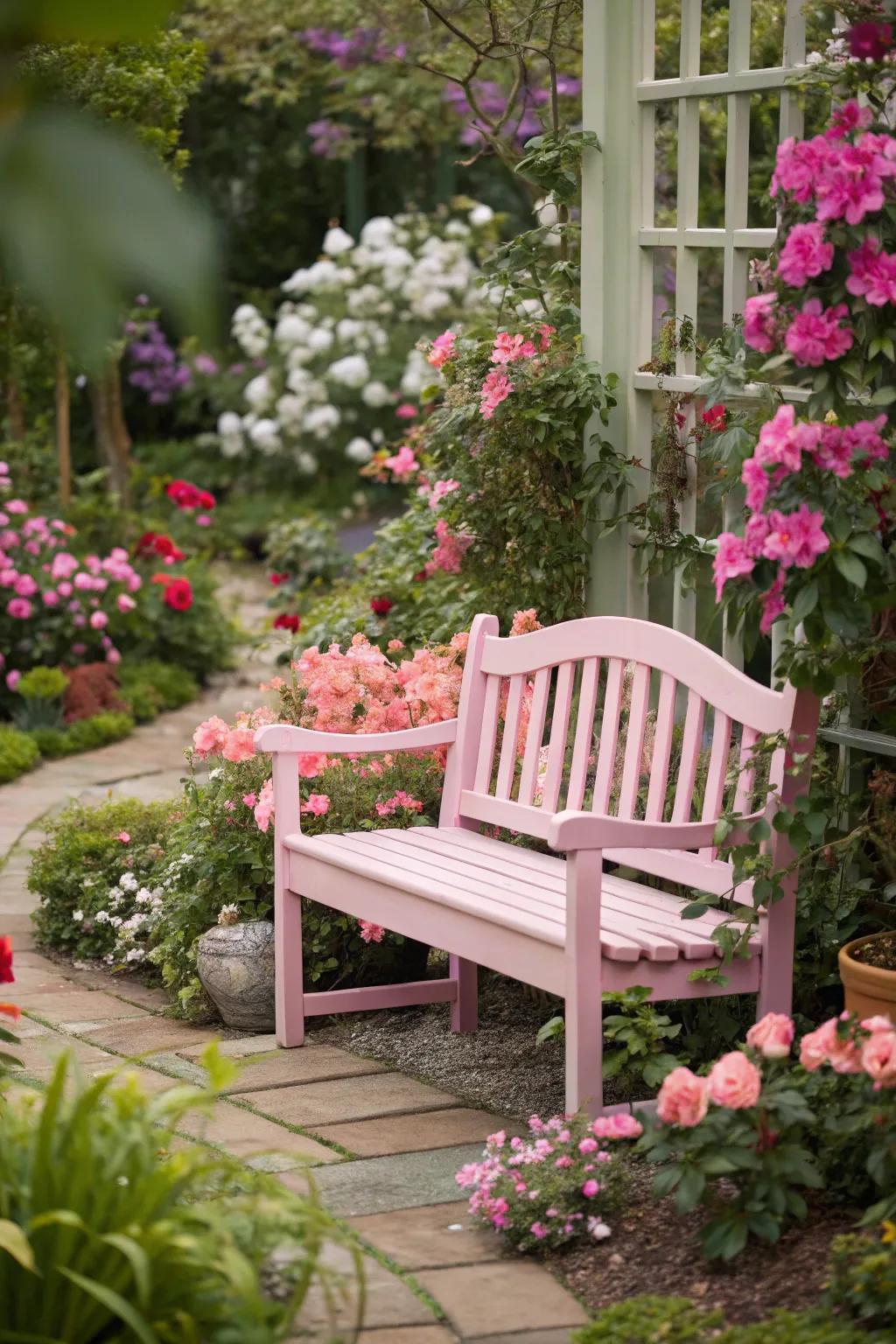 Pastel colors add a touch of whimsy and charm to garden benches.