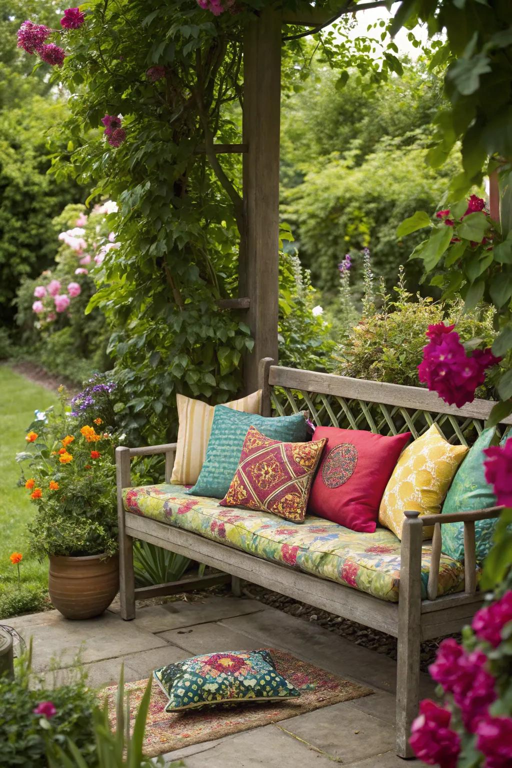A cozy bench with cushions, inviting you to unwind.