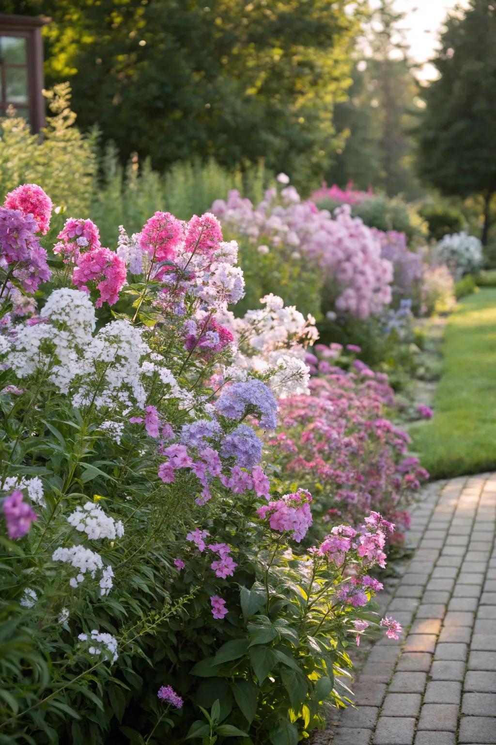 A garden border displaying a variety of colorful Phlox flowers.
