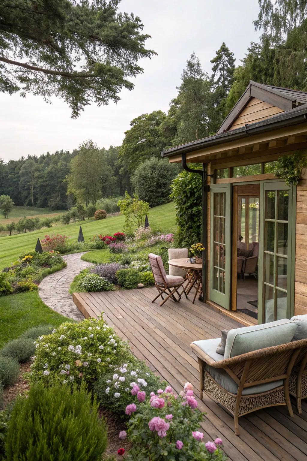 A garden building with a welcoming wooden deck and cozy seating.