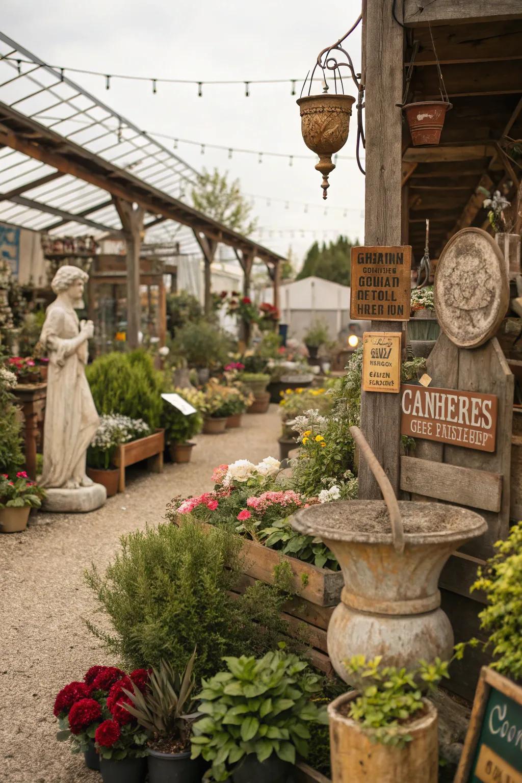 Rustic touches with vintage tools and statues.