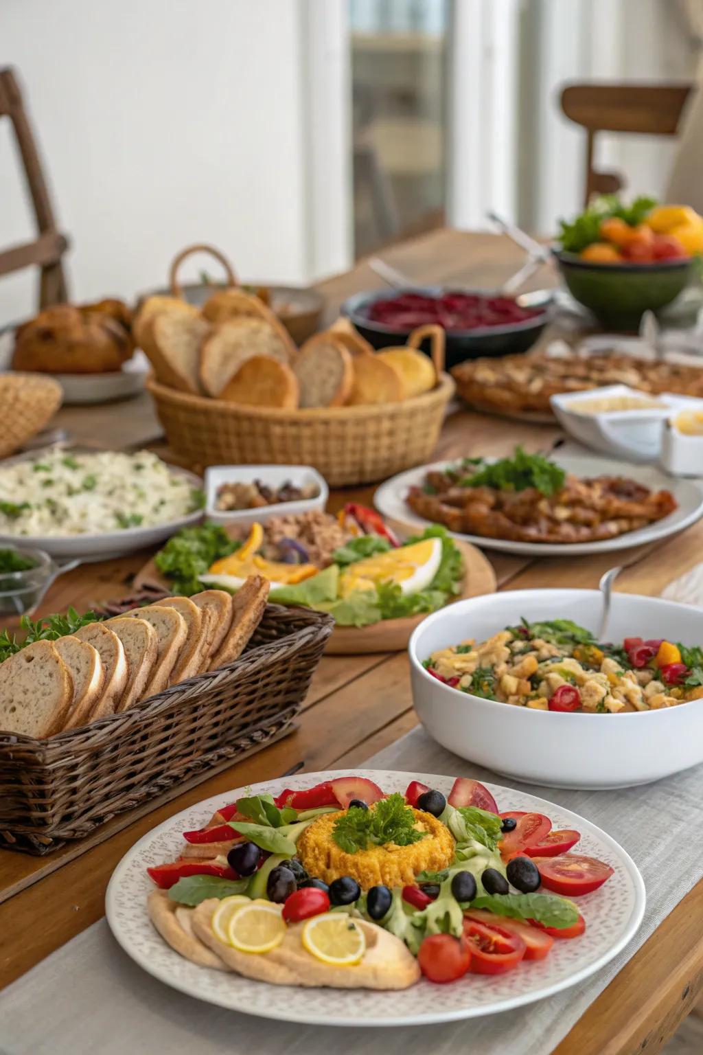 An inviting garden dinner table with artistically presented communal dishes.