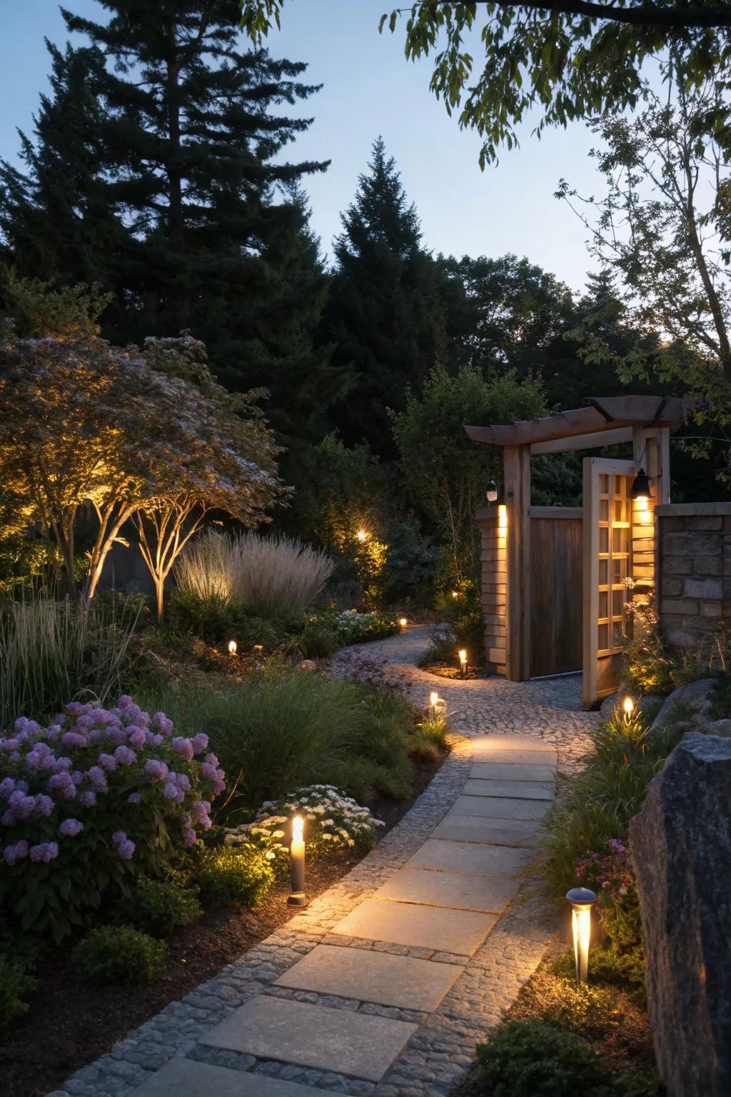 Subtle lighting transforms the garden entrance into a serene evening escape.