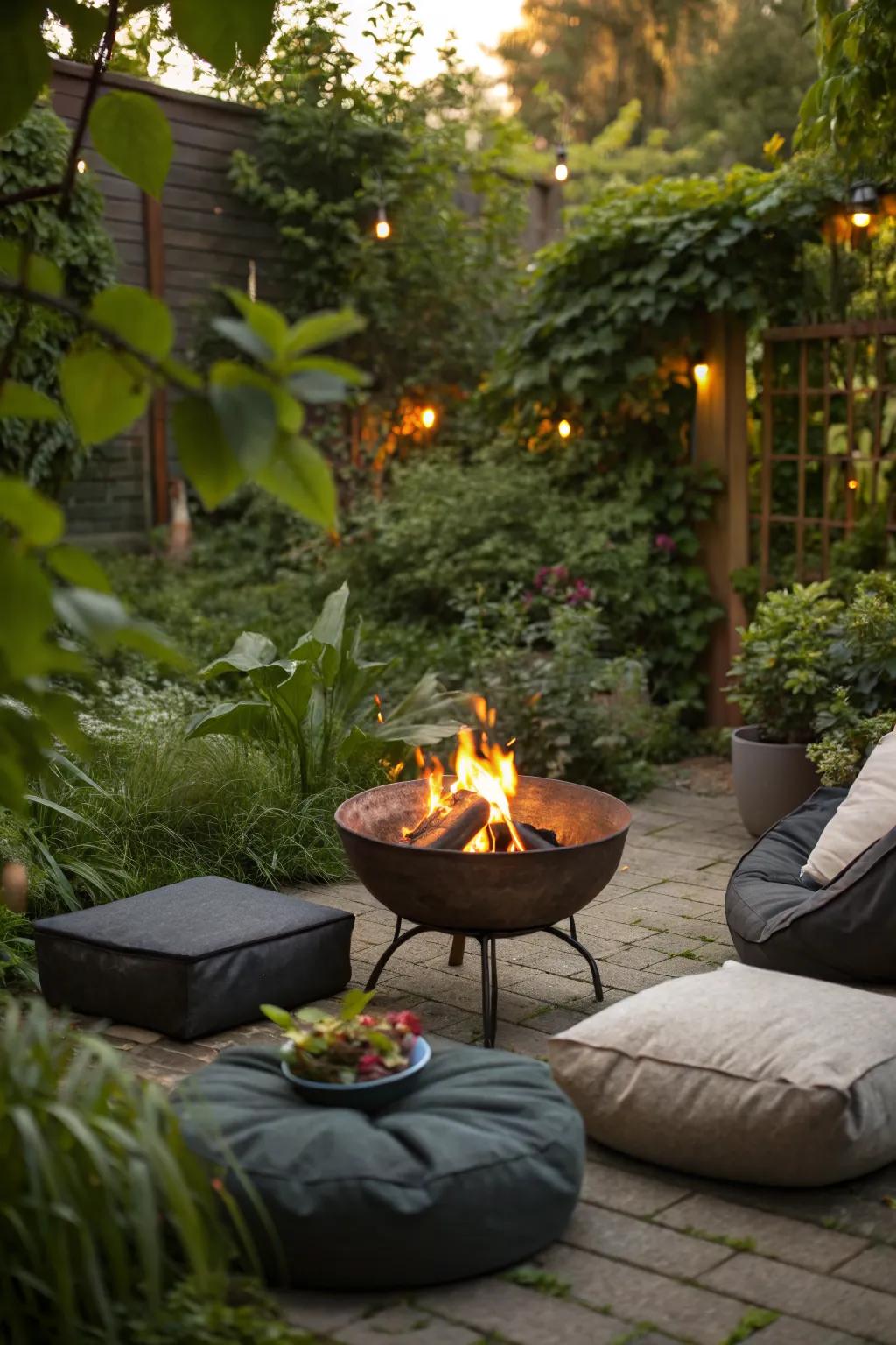A portable fire bowl allows for adaptable garden setups.