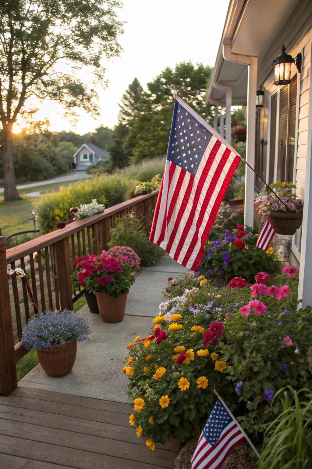 Integrate garden flags with nature for a harmonious outdoor look.