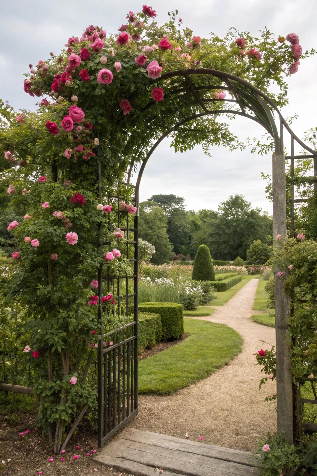 A charming garden gate invites you into a lush garden paradise.