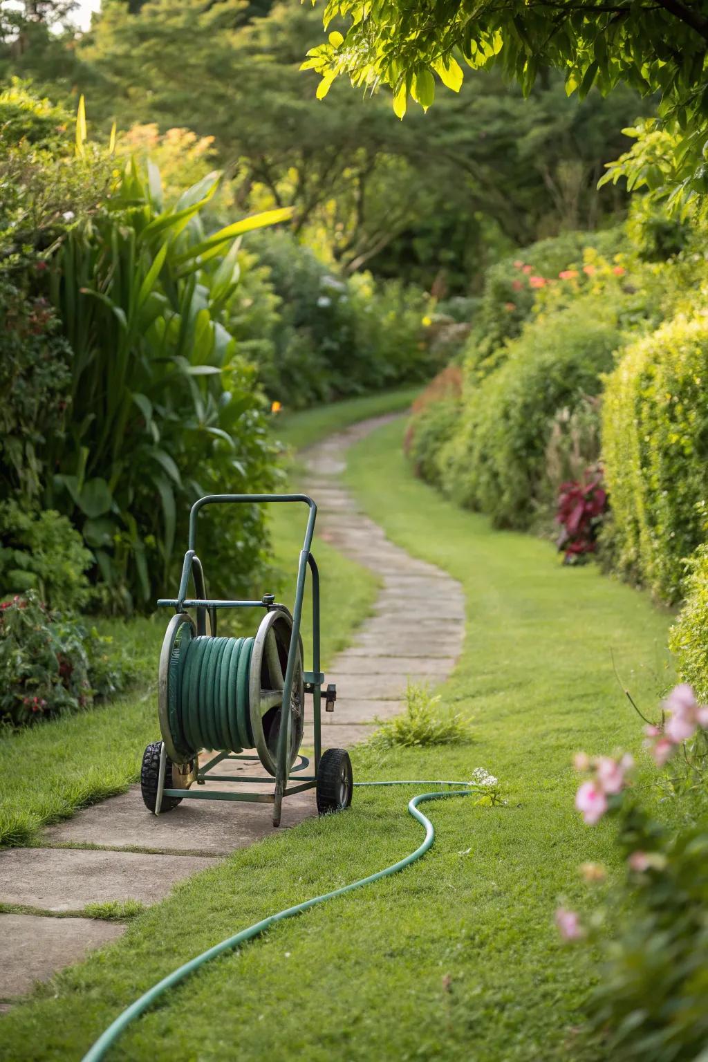 A portable hose reel cart perfect for expansive gardens.