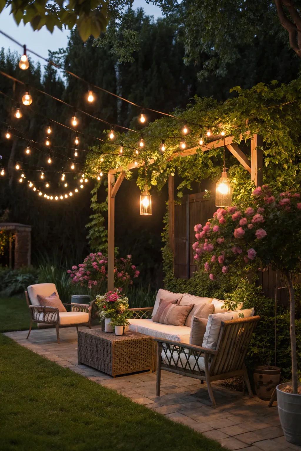 String lights adding magical ambiance to the garden.