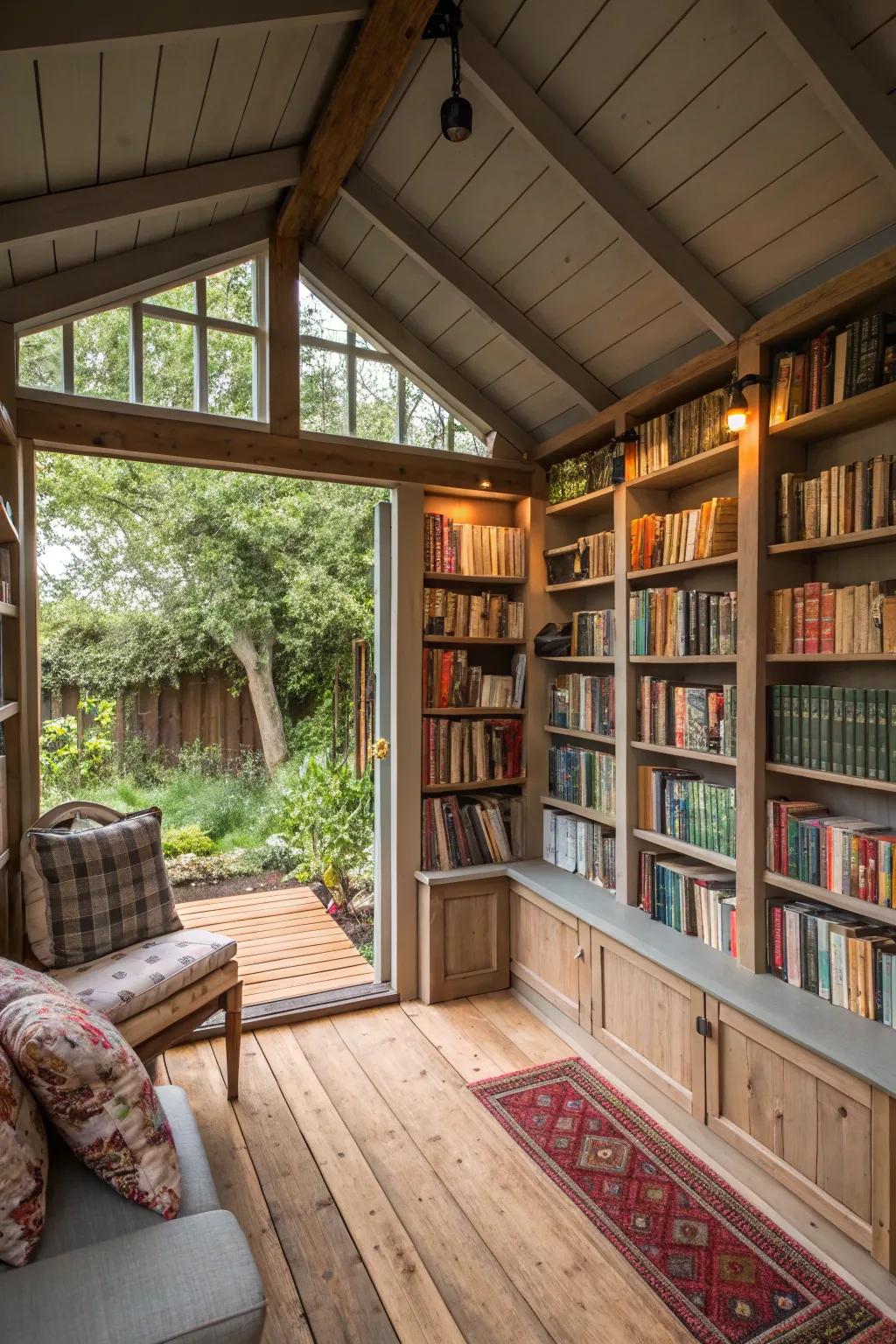 A garden shed transformed into a cozy library.