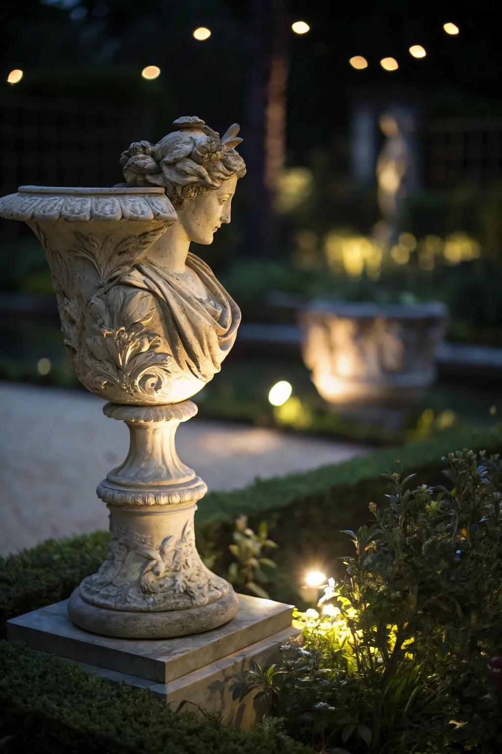 A garden sculpture brought to life with strategic spotlighting.