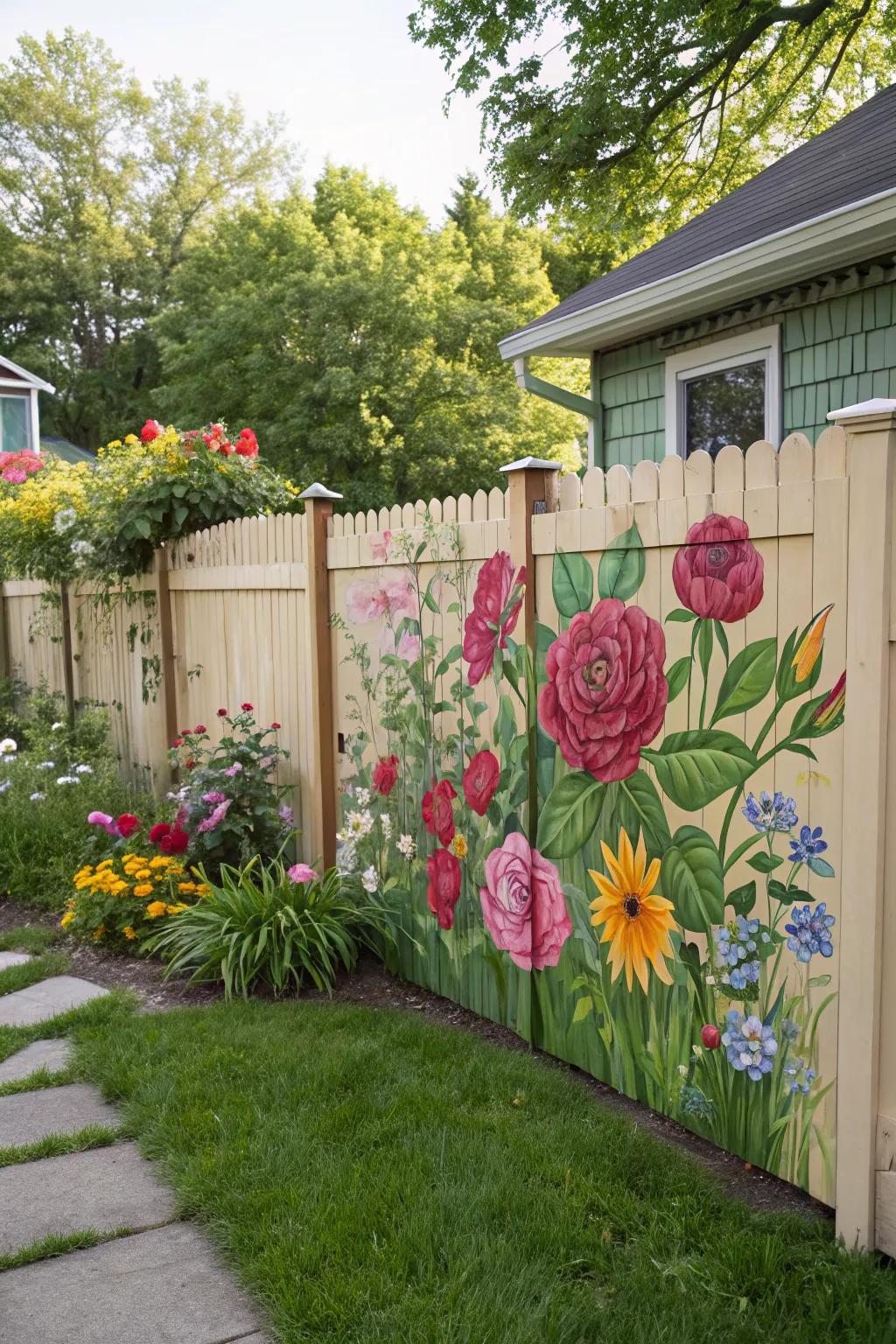 Floral murals transform fences into botanical artworks.
