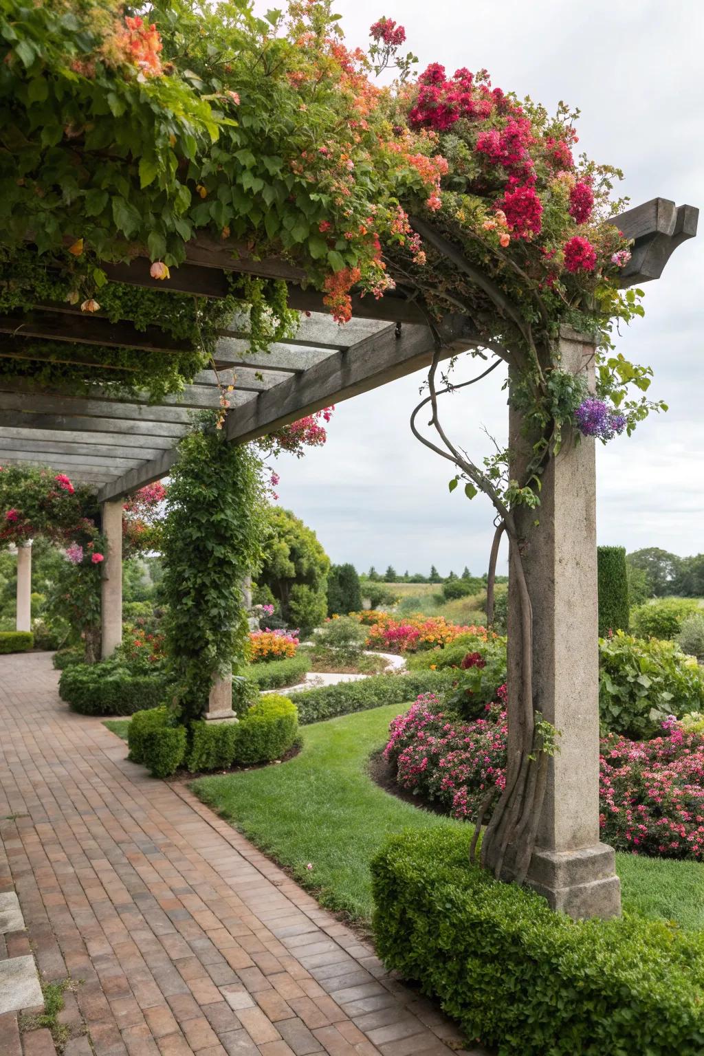 Pergolas offer shade and elevate garden aesthetics.