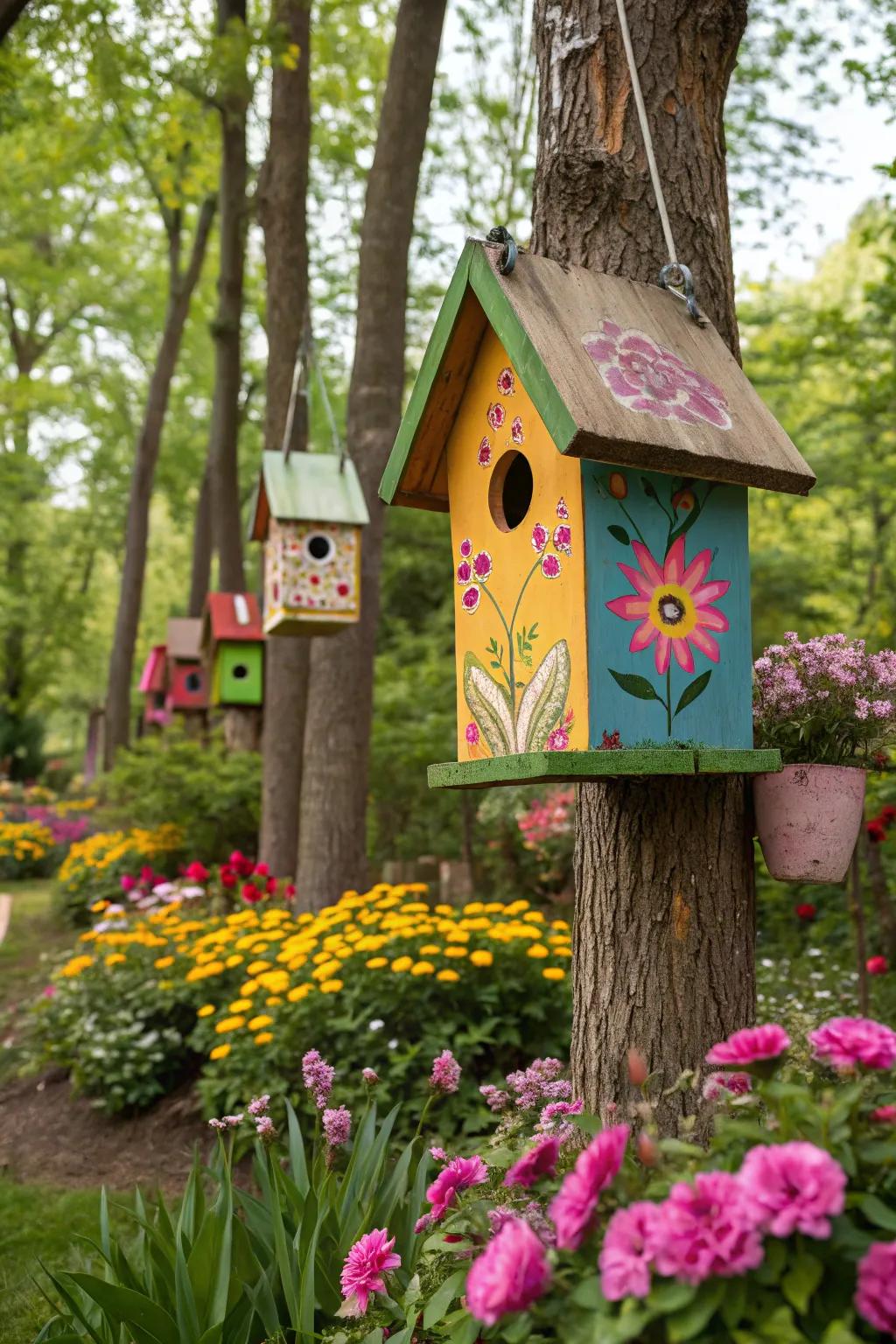 Brighten your garden with painted birdhouses.