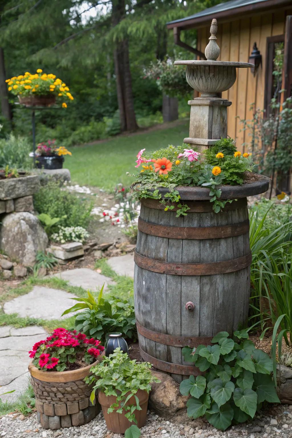 Repurposed materials make for unique and sustainable garden pedestals.