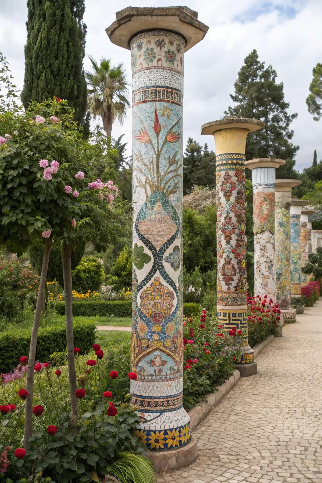 Artistic mosaic pillars that express personal style and creativity.