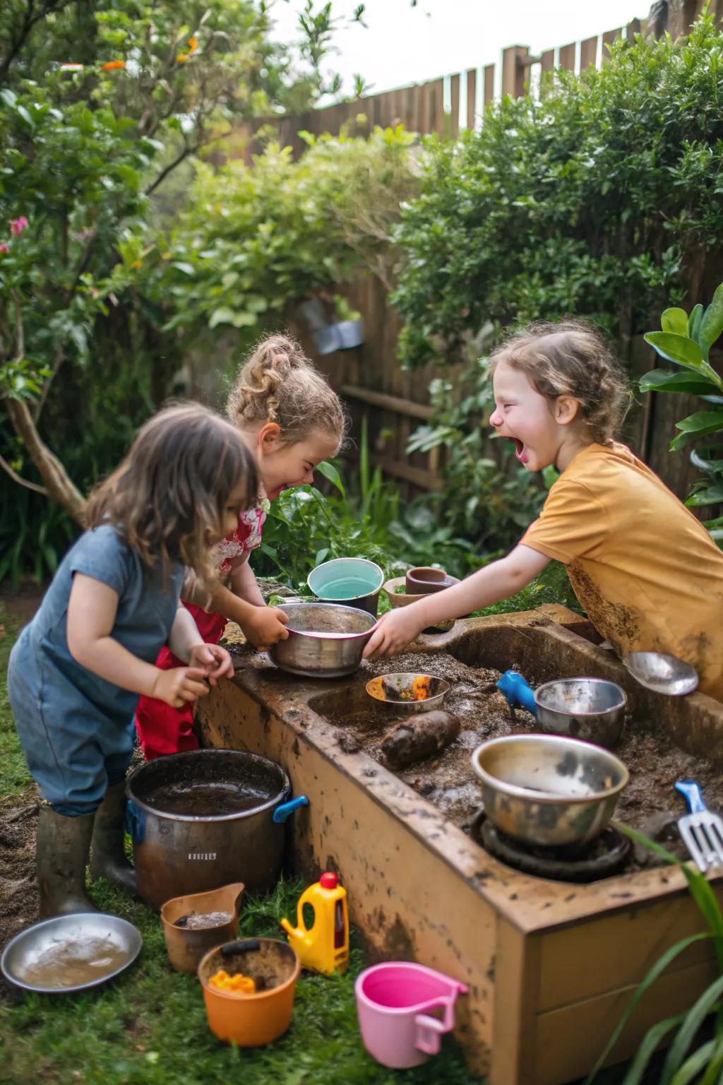 Kids cooking up fun at a DIY mud kitchen in a garden environment.