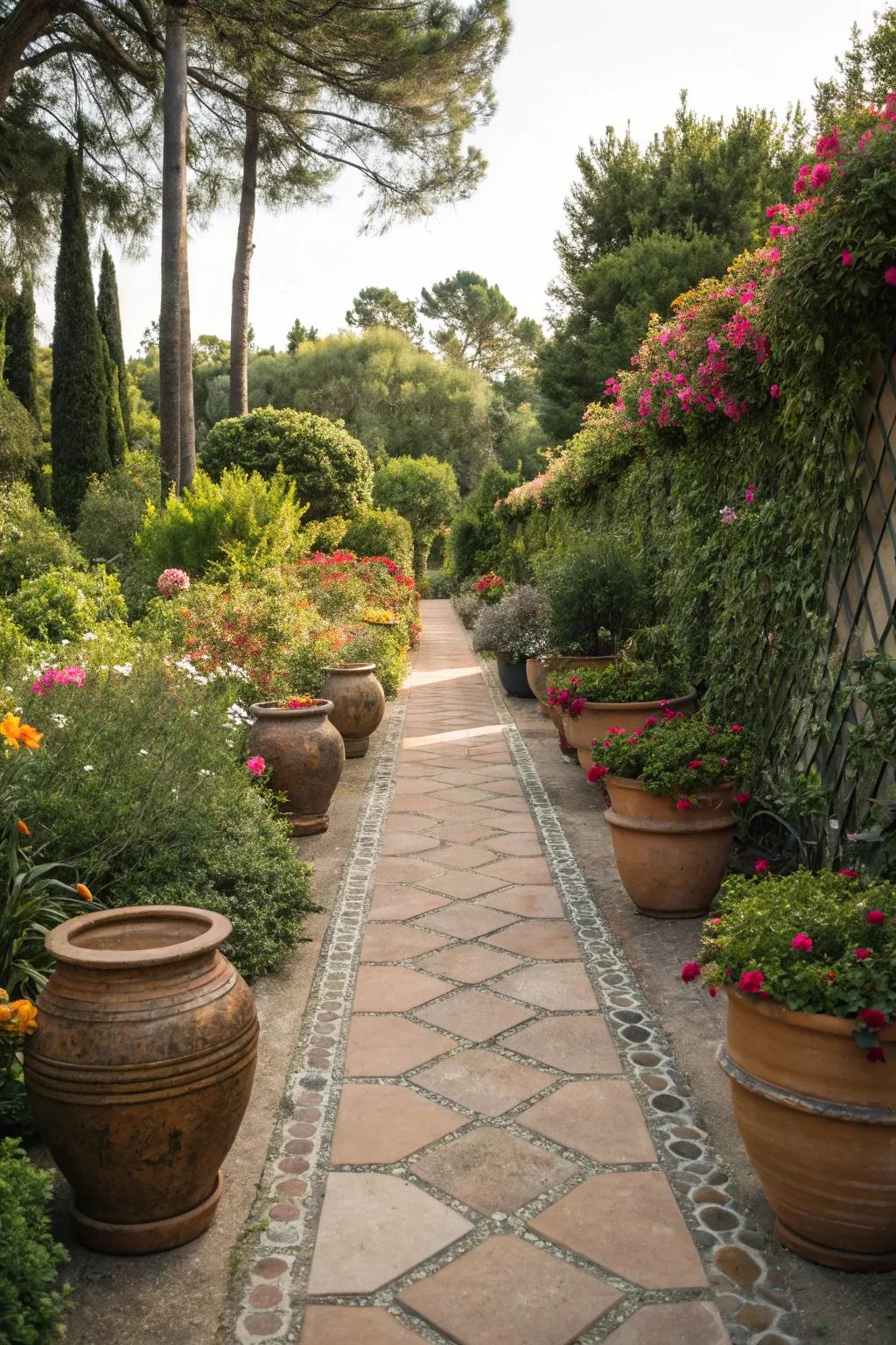 Ceramic pots used as decorative borders along a garden path.