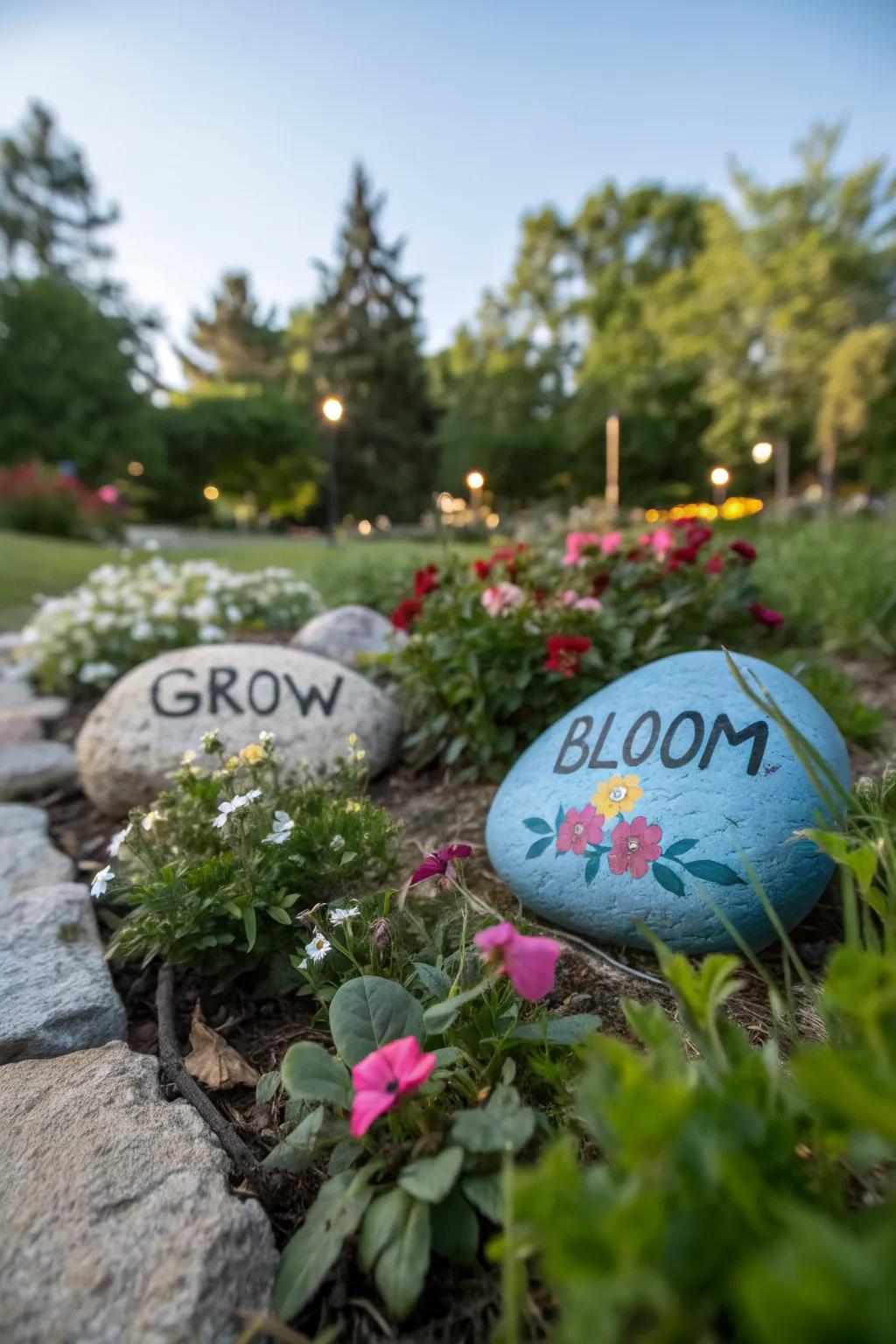 Inspirational word rocks bring a positive vibe to outdoor spaces.