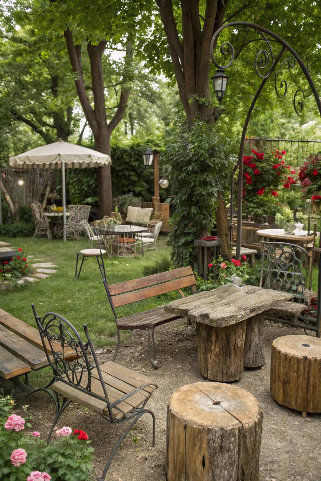 An eclectic garden seating area blending rustic and modern elements.