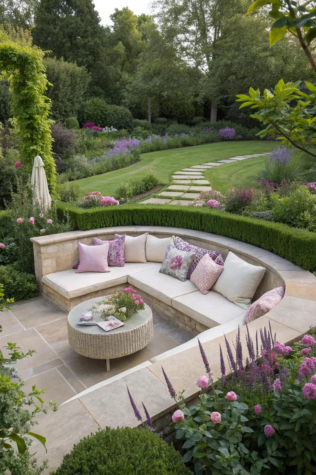 A sunken area offers a secluded garden retreat.