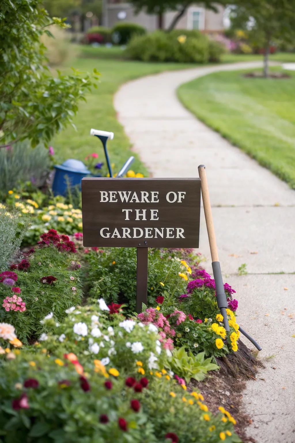 A humorous welcome sign adds a playful touch to the garden.