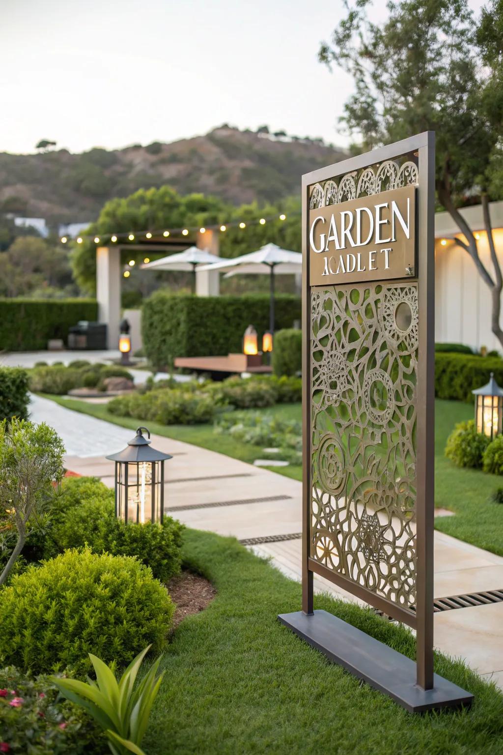 A sleek metal garden sign with cutout designs in a modern garden.