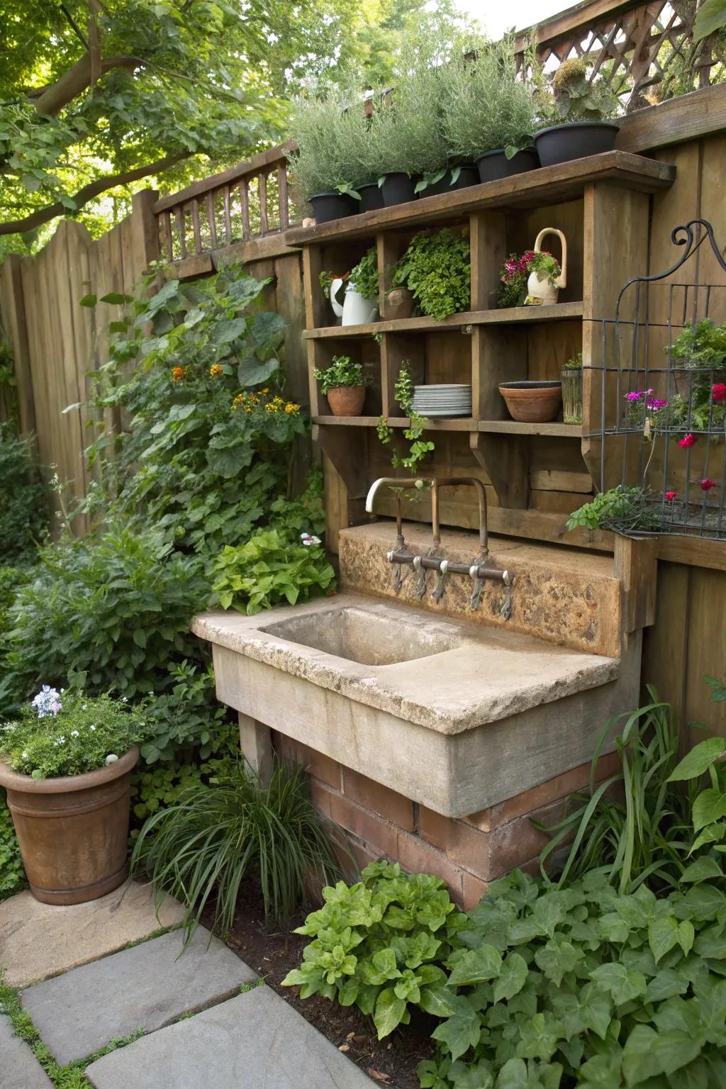 A customized garden sink with added shelves and hooks for tools.