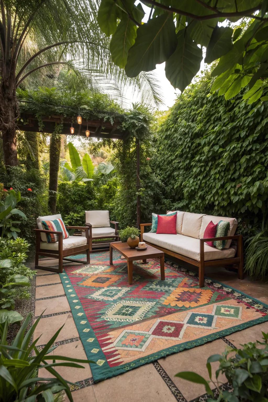 An outdoor rug adds style and defines your garden sitting space.