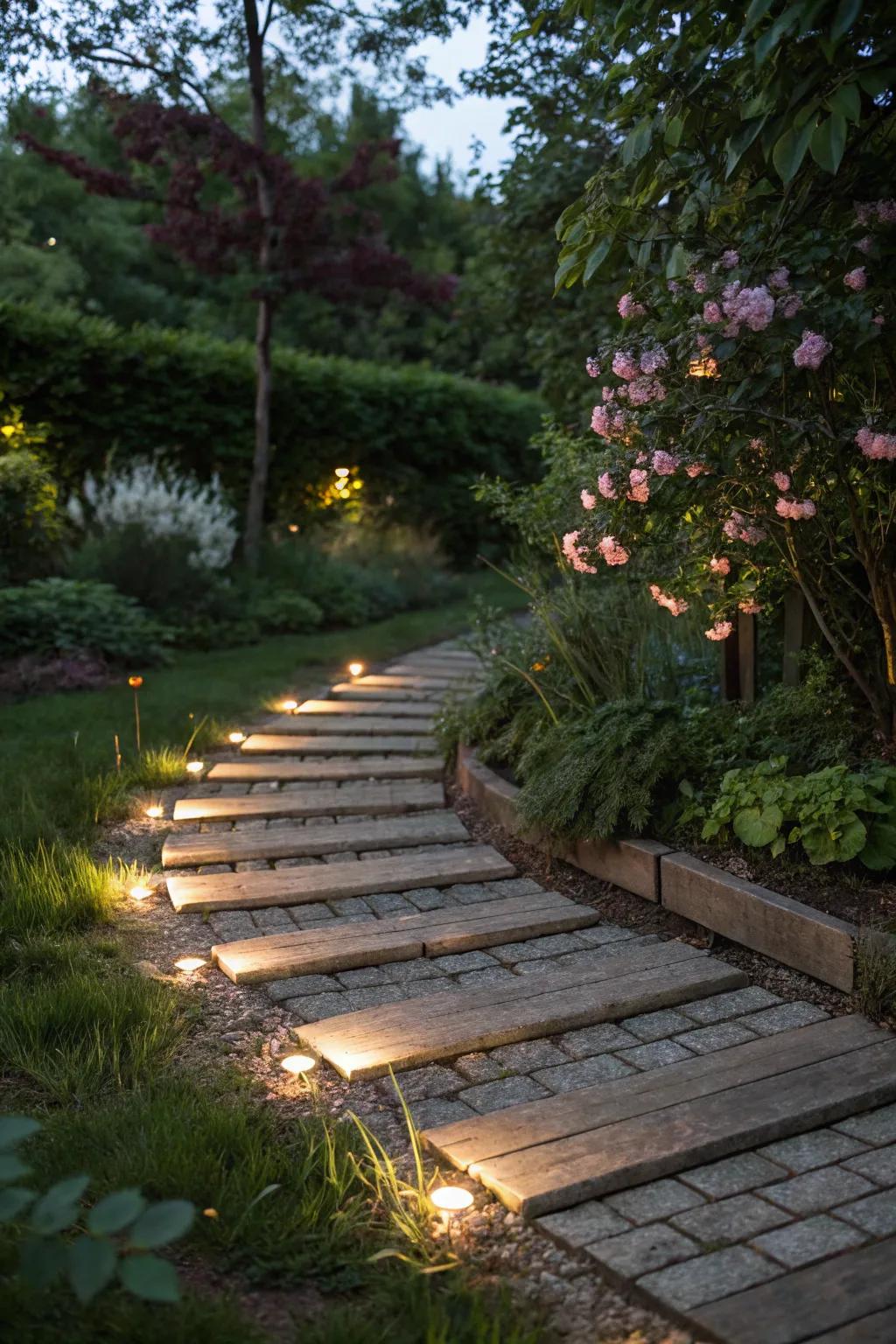 Sleeper pathways illuminated for nighttime charm.
