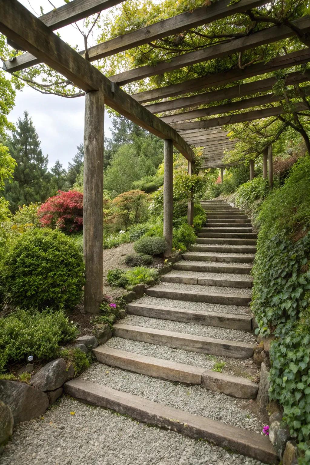 Rustic gravel and wood stairs blending with the garden.