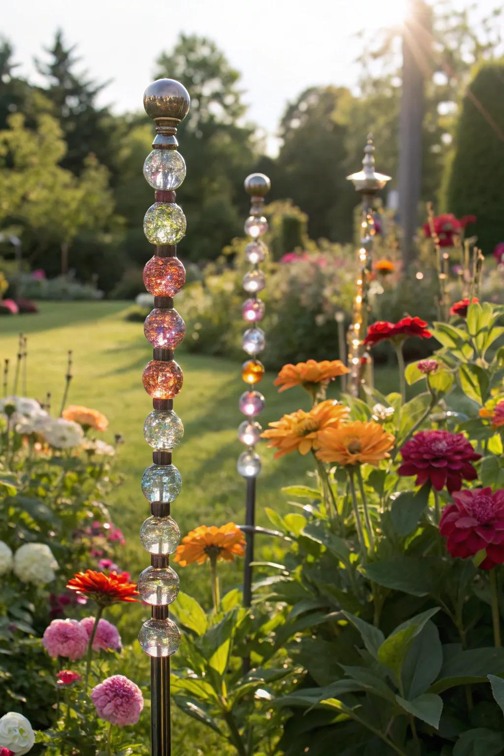 Sparkling floral beaded garden stakes adding charm to the garden.