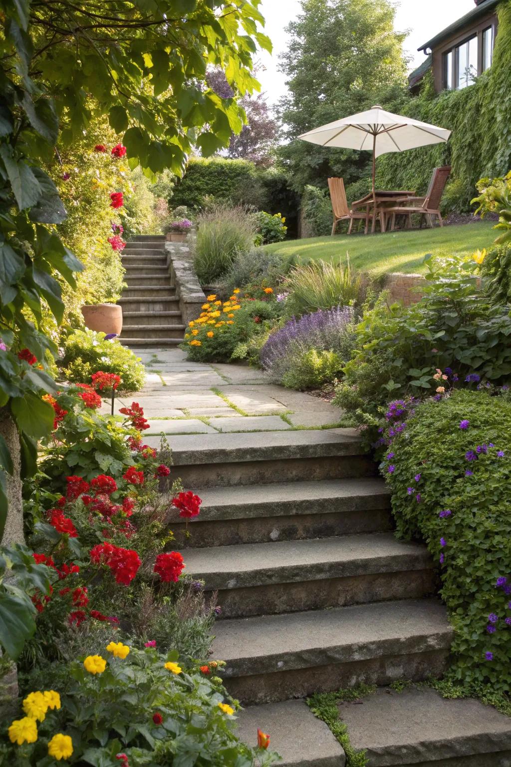 Greenery frames steps beautifully.