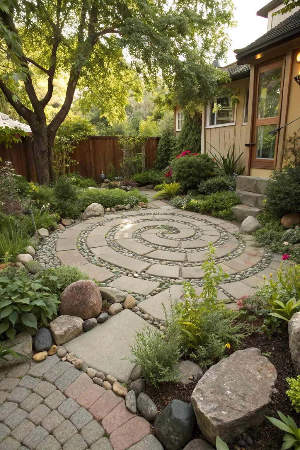 Circular stone patterns create a whimsical garden feature.