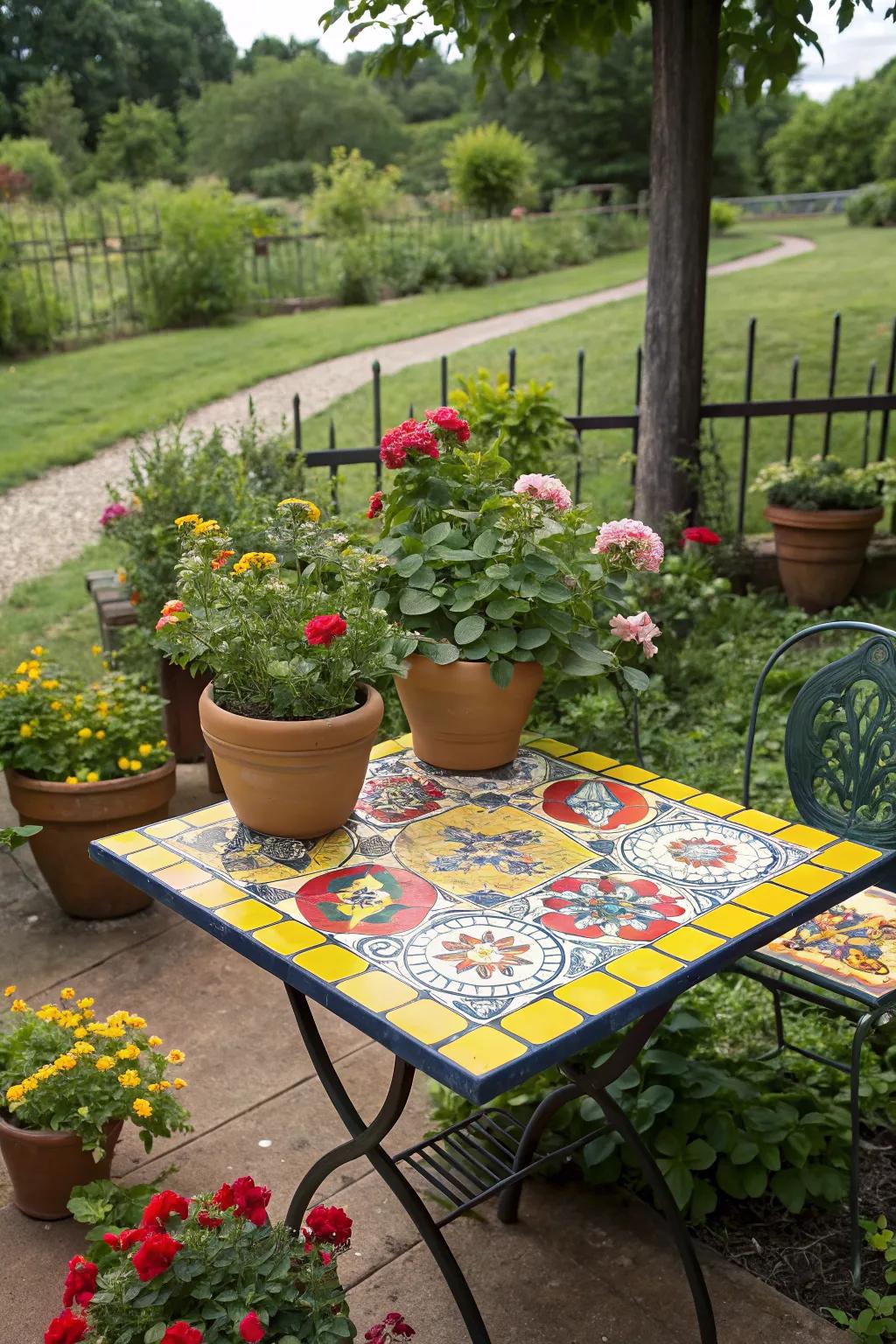 A vibrant tile tabletop, perfect for adding a burst of color to any garden.