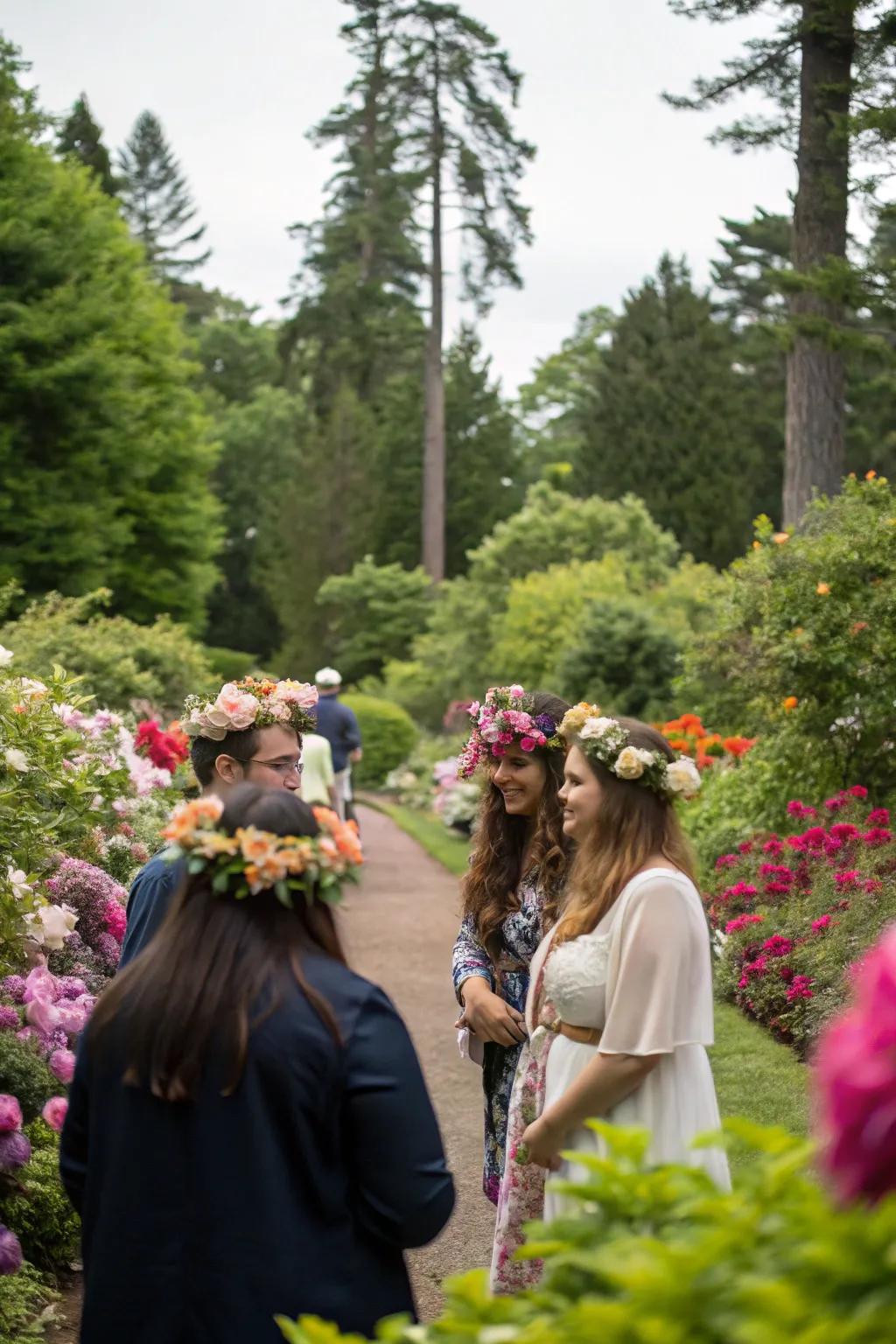 Floral crowns add a whimsical touch to the garden bridal shower.