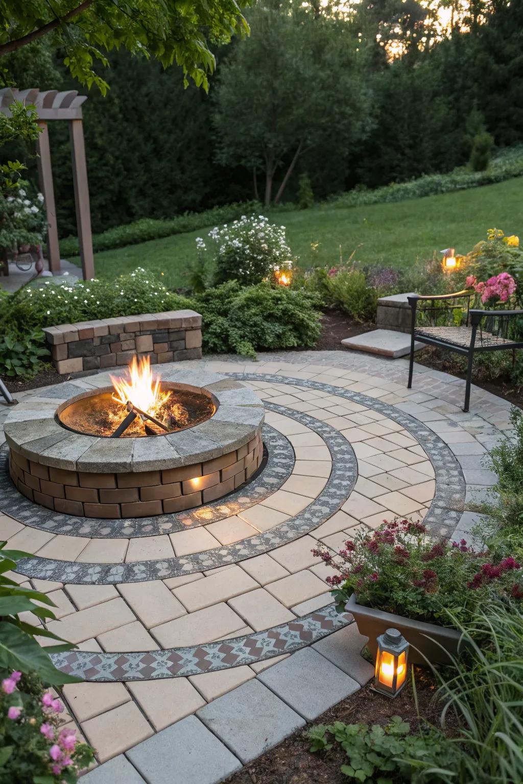 Tiled fire pit areas offer warmth and style for outdoor gatherings.