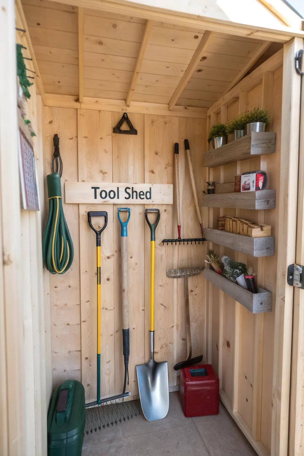 Practical features inside a garden tool shed.