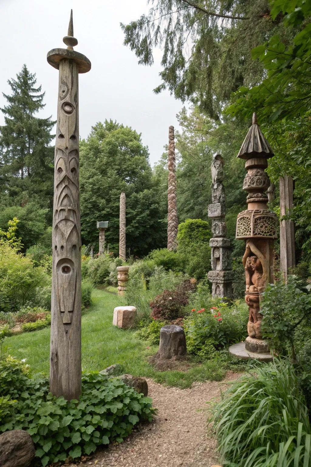 Varying heights add dimension and intrigue to garden totems.