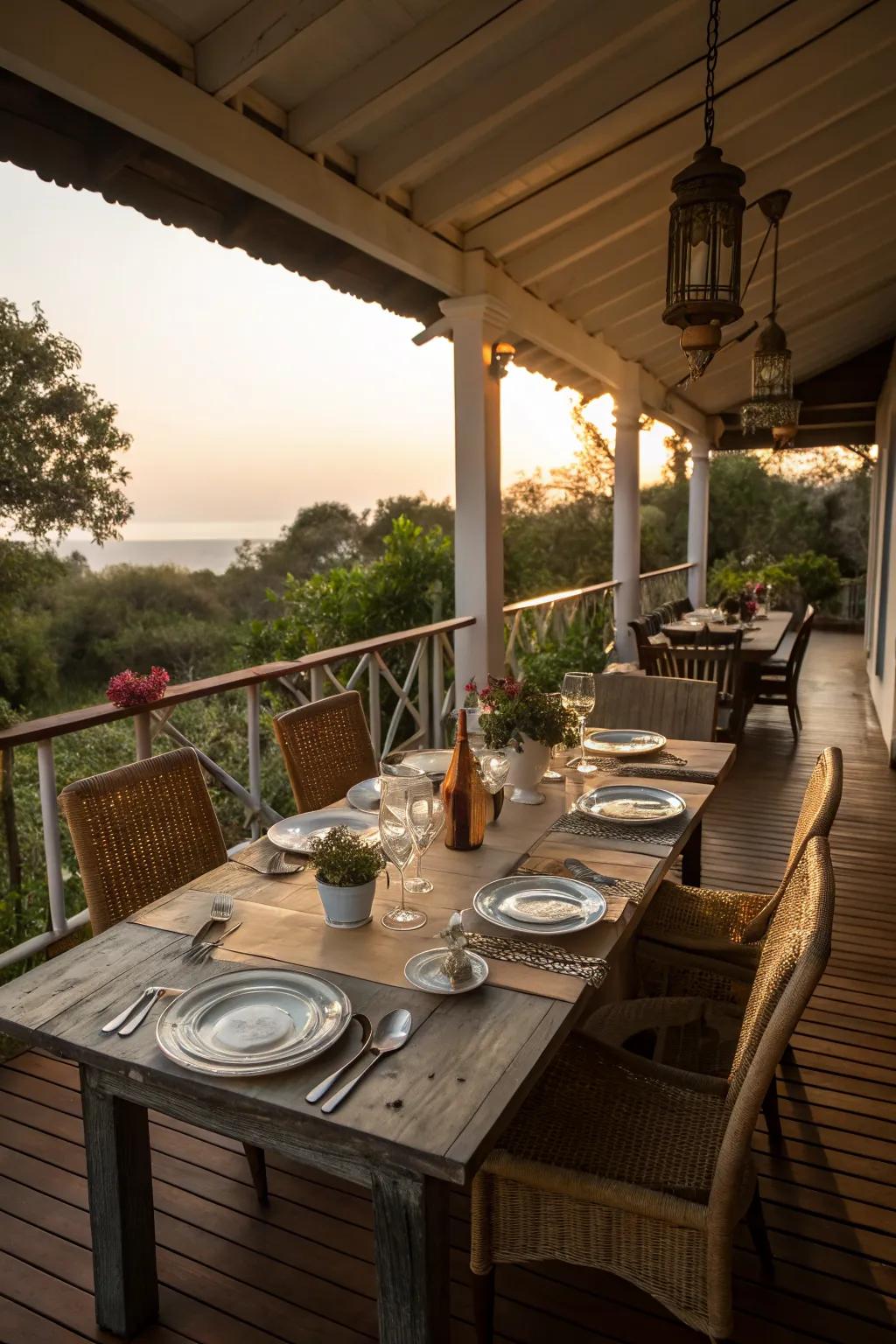 An inviting dining area on a garden veranda, ready for meals.