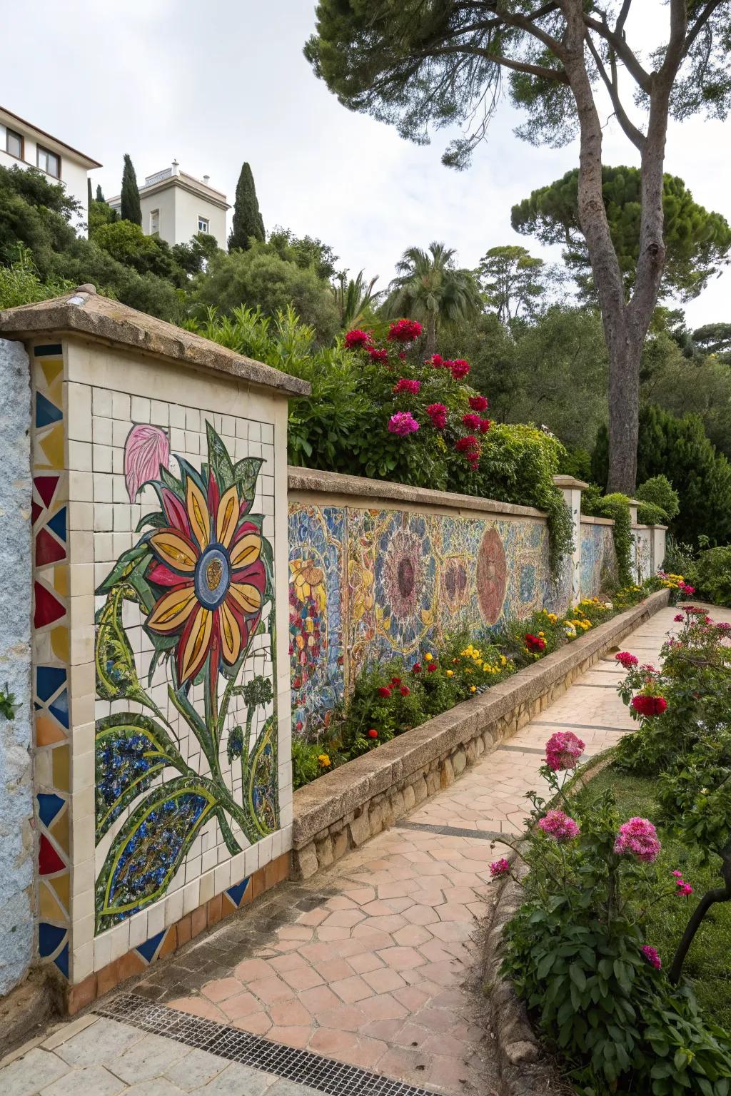 Mosaic tile murals turn garden walls into stunning works of art.